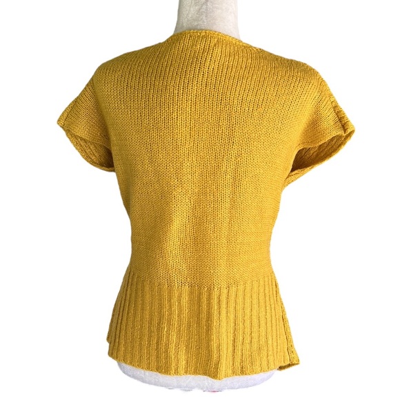 Anthropologie Escio Mustard Yellow Woven Knit Cap Sleeve V-Neck Sweater - S - Picture 6 of 12